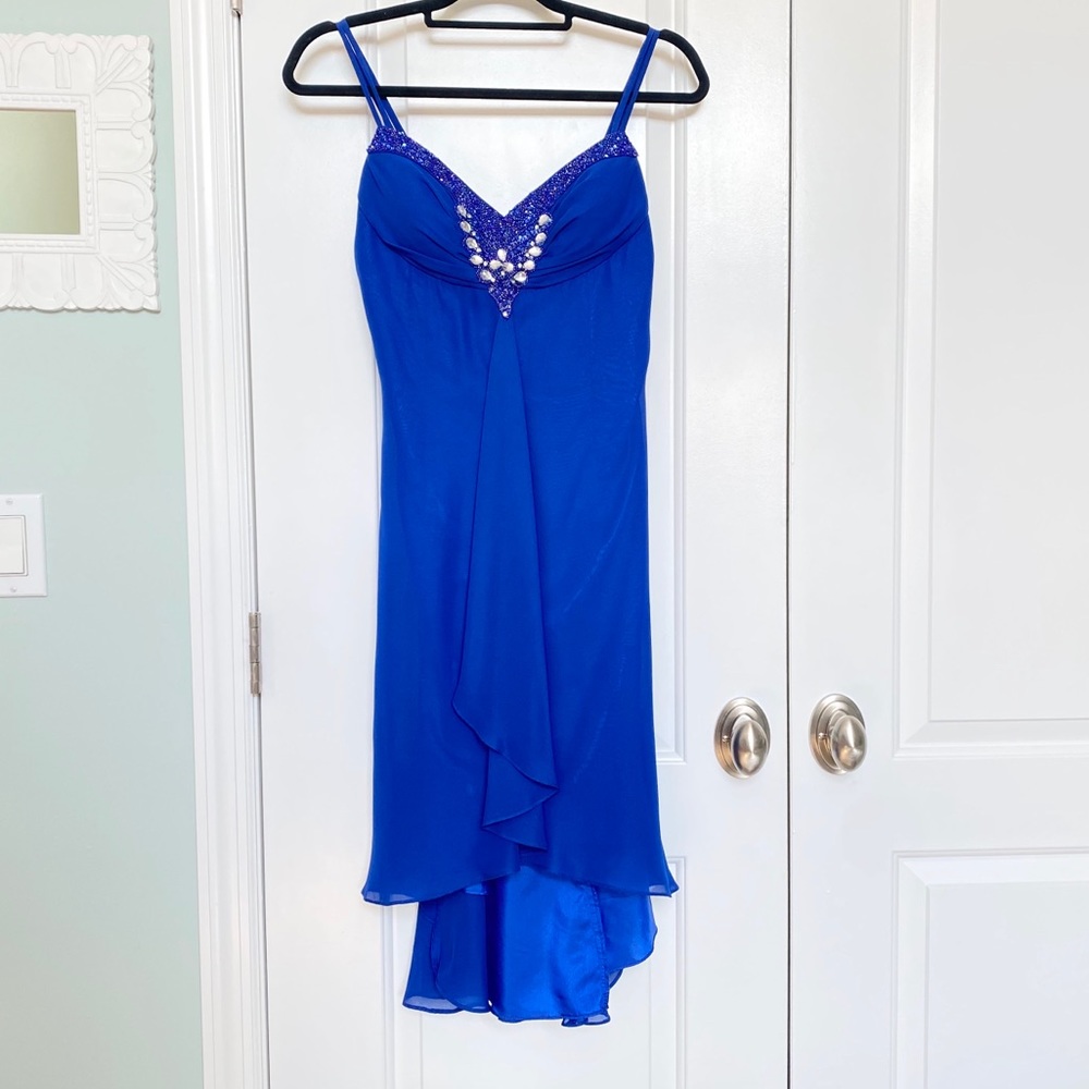 Royal blue formal high-low dress with gem accents